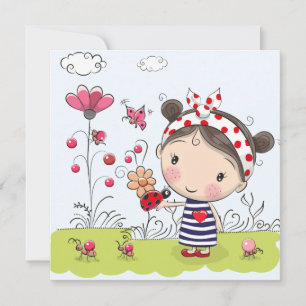 Carte Jolie fille en dessin animé avec Ladybug dans la s