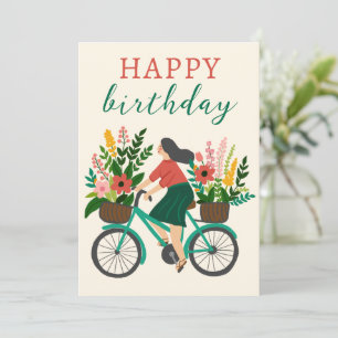 Carte Jolie fille équitation vélo avec fleurs Joyeux ann