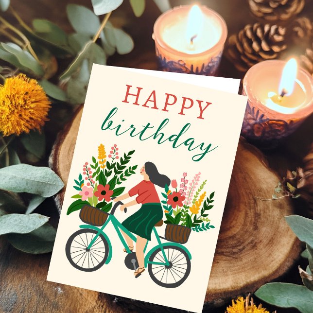 Carte Jolie fille équitation vélo avec fleurs Joyeux ann (Cute Girl Riding Bicycle w Flowers Happy Birthday Card
)