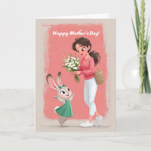 Carte Jolie fille lapin offrant des fleurs de la fête de