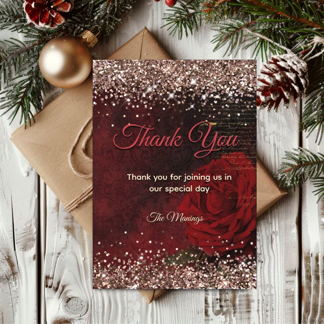 Carte Jolie fleur rouge merci faux paillettes dorées (Créateur téléchargé)