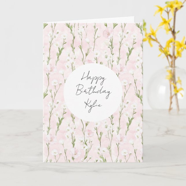 Carte Jolie Fleurie Rose Pâle pour un Anniversaire (Fleur jaune)