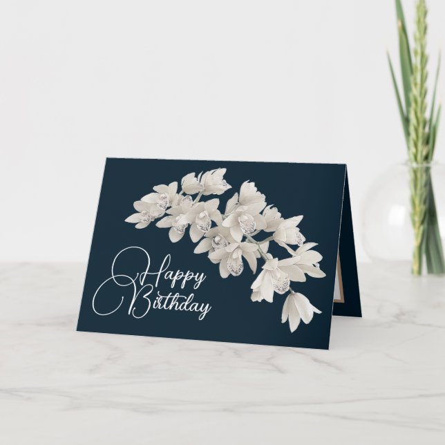 Carte Jolie florale moderne orchidée Flower Navy Anniver (Devant)