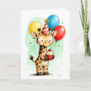 Carte Jolie girafe avec gâteau d'anniversaire pour enfan