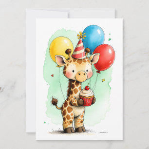 Carte Jolie girafe & gâteau d'anniversaire enfant à plat