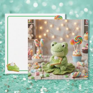 Carte Jolie grenouille en peluche tenant une tarte au ci