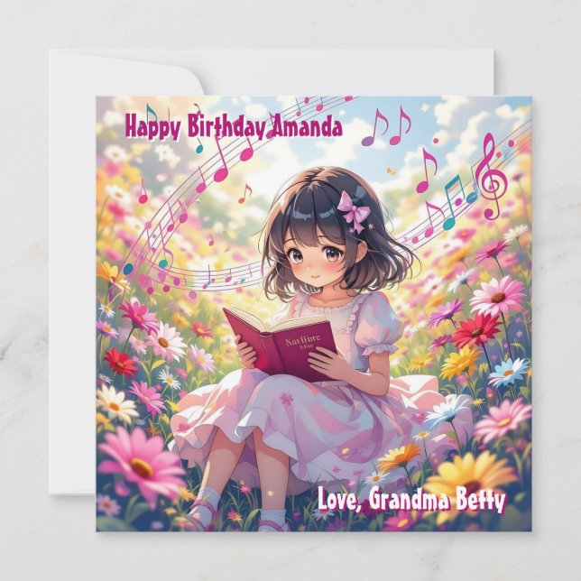 Carte Jolie Lecture Anime Girl | Page de couleur Anniver (Devant)