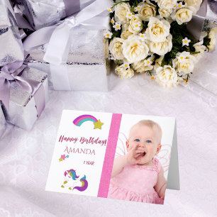Carte Jolie licorne heureux 1er anniversaire magique ave