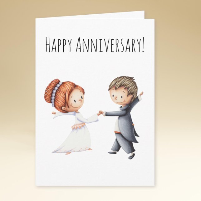 Carte Jolie mariée et marié dansant pour l'anniversaire  (Minimalist illustrated wedding anniversary card with the bride and groom dancing their first waltz)