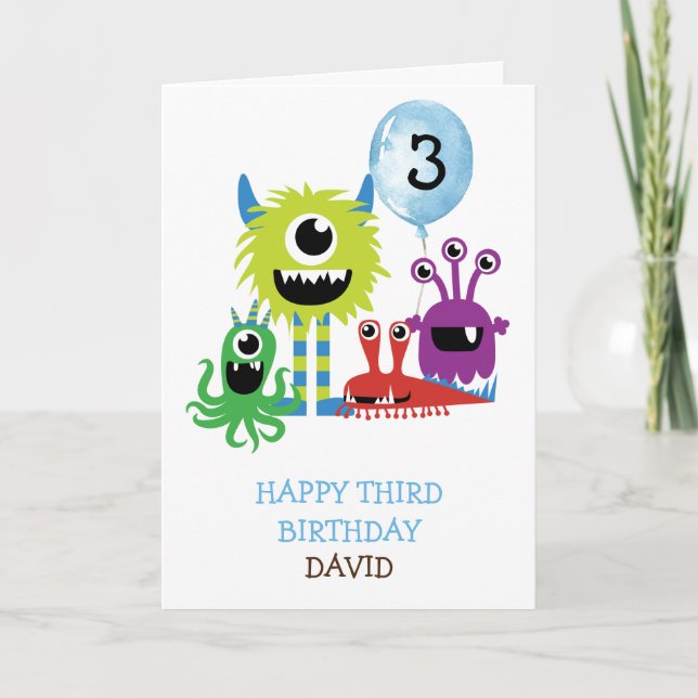 Carte Jolie Monstres Garçon Joyeux Anniversaire Personna (Devant)