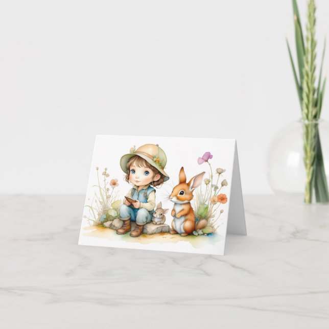 Carte Jolie petite fille avec lapins et fleurs Blank  (Devant)
