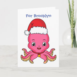 Carte Jolie pieuvre heureuse portant un chapeau de Noël 