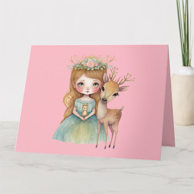 Carte Jolie princesse et faon de cerf en salutation (Devant)