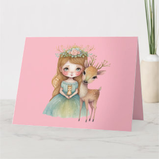 Carte Jolie princesse et faon de cerf en salutation