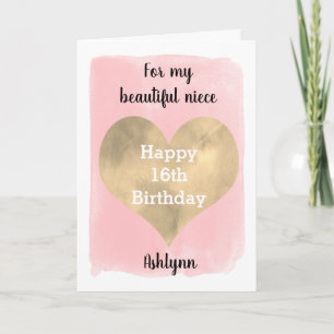 Carte Jolie rose et or 16e anniversaire nièce