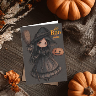 Carte Jolie sorcière fille son balai & citrouille Enfant