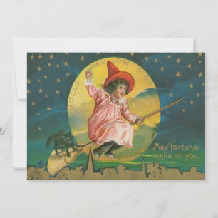Carte Jolie Sorcière Volante Pleine lune Chat Noir