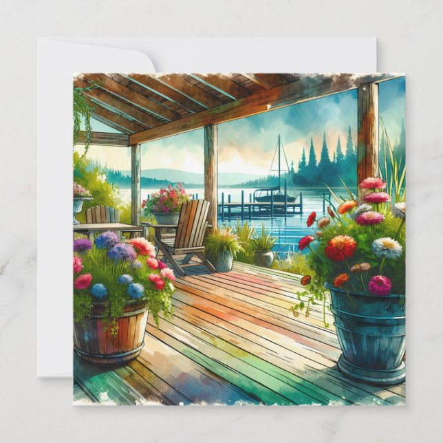 Carte Jolie terrasse avec vue sur le lac et les fleurs (Devant)