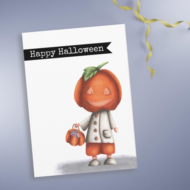 Carte Jolie tête de Citrouille Éffrayant Halloween (Cute Halloween card with a little kid in a Jack O Lantern costume by Kinda Cute by Patricia Alvarez)