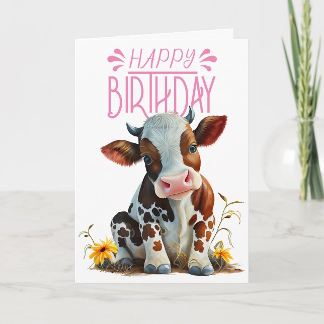 Carte Jolie vache Anniversaire fille rose (Devant)