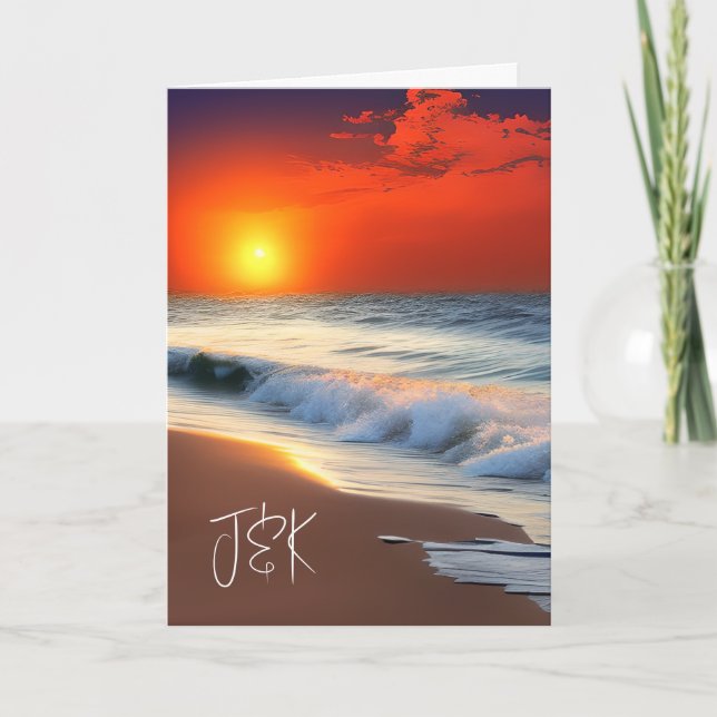 Carte Jolie vague océanique et coucher du soleil Anniver (Devant)