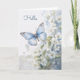 Carte Jolies fleurs blanches et papillon bleu Bonjour