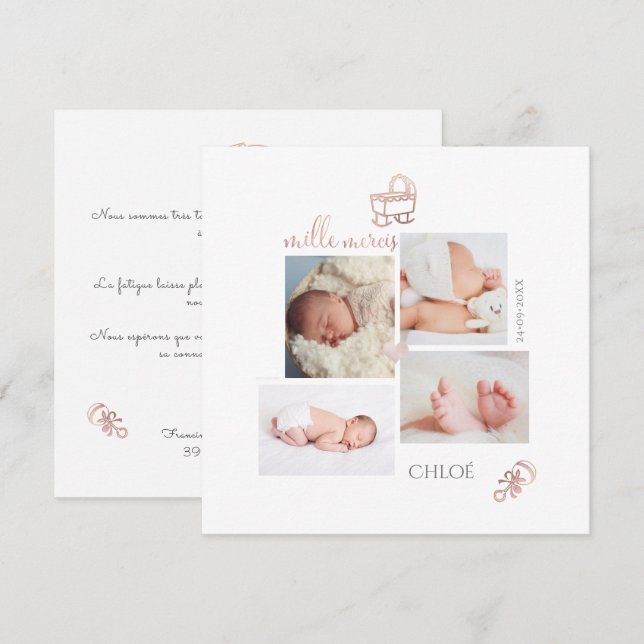 Carte Jouets D'or rose Remerciements Naissance Fil (Devant / Derrière)