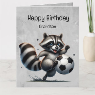 Carte Joueur de soccer mignon Raccoon Grandson Anniversa