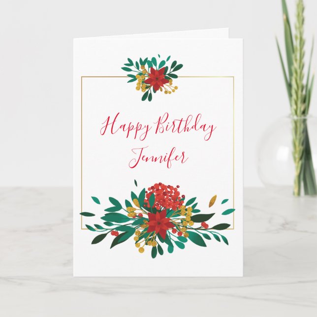 Carte Jour d'anniversaire floral de Noël Rouge Vert & Or (Devant)