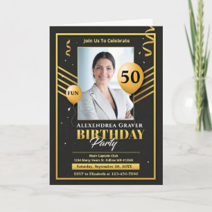 Carte Jour d'anniversaire moderne Gold Black 50th Photo 