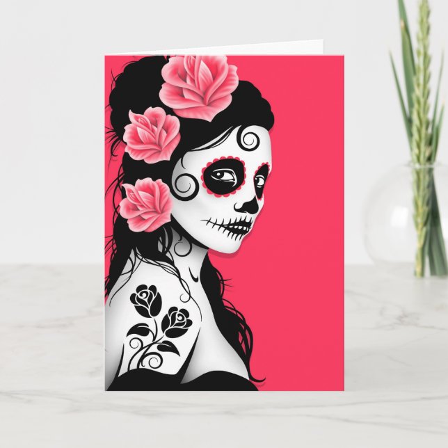 Carte Jour de la fille crâne de sucre mort - rose (Devant)