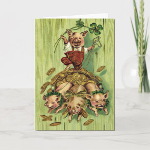 Carte Jour de la St Patrick pour le cochon d'or vintage 