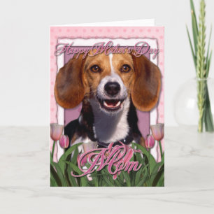 Carte Jour de mères - tulipes roses - beagle