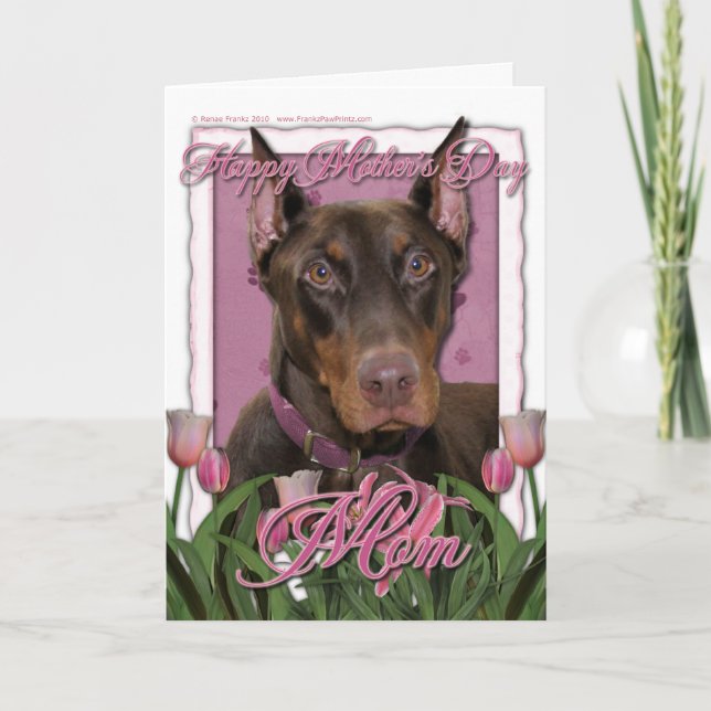 Carte Jour de mères - tulipes roses - dobermann - rouge (Devant)