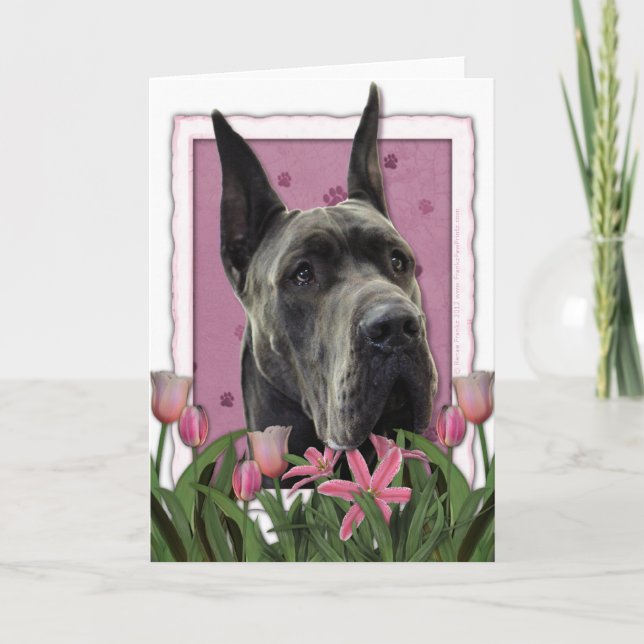 Carte Jour de mères - tulipes roses - great dane - gris (Devant)