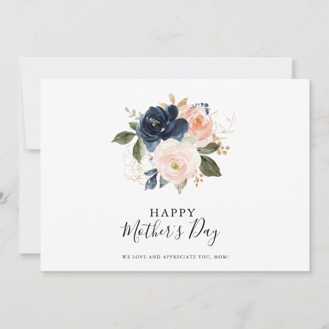 Carte Jour des mères florales bleu rose bleu marine (Devant)