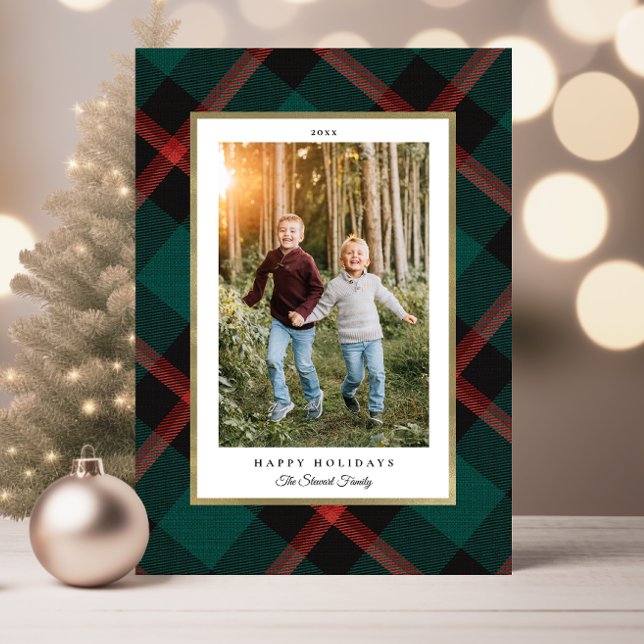 Carte Jour férié photo plaid rouge et vert plié (Folded Red and Green Plaid Happy Holidays Photo Card)