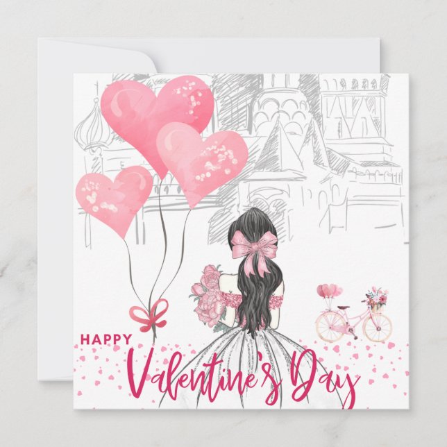 Carte Jour Fille Rose/Vélo/Valentines (Devant)