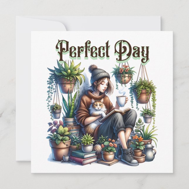Carte Jour parfait | Lecture féminine avec chat et Plant (Devant)