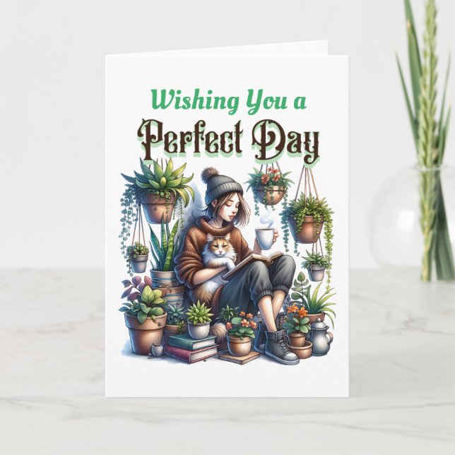 Carte Jour parfait | Lecture féminine avec chat et Plant (Devant)