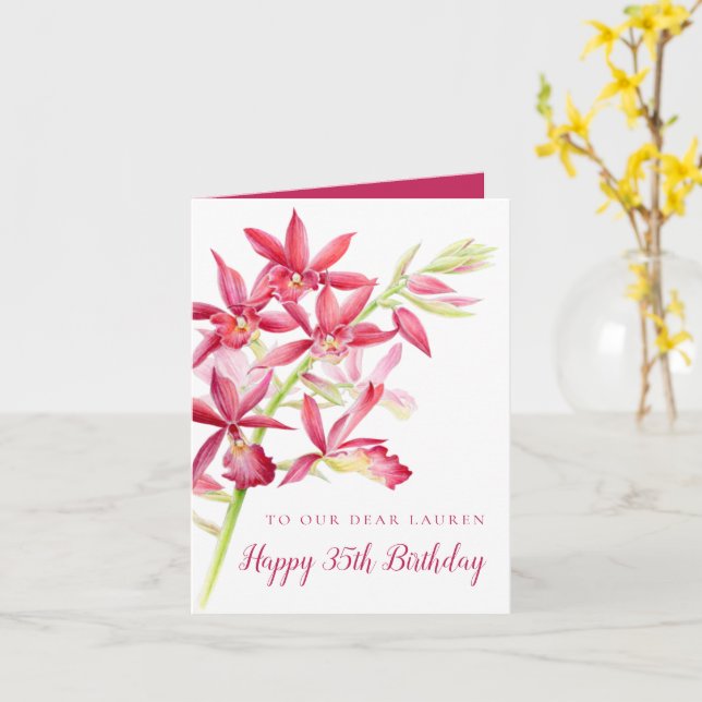 Carte Joyau rouge orchidée aquarelle peinture 35e annive (Fleur jaune)