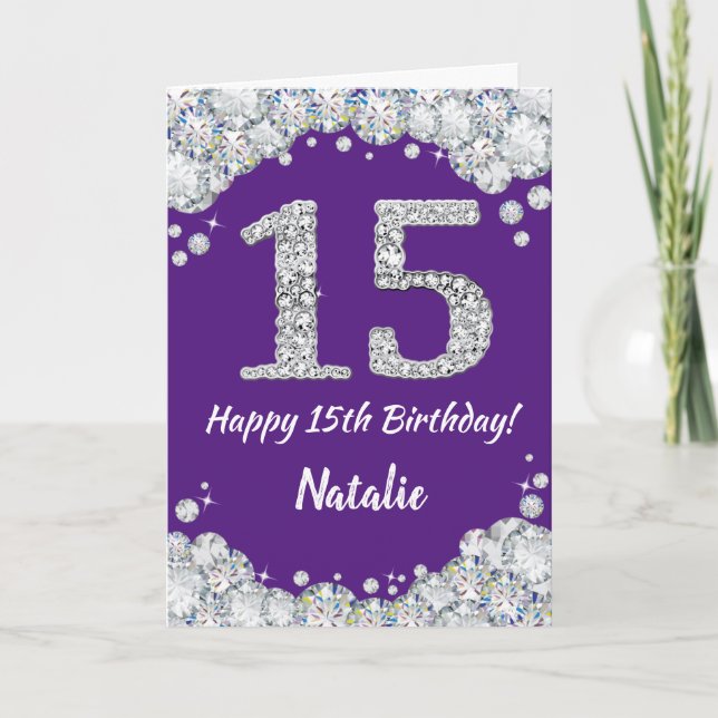Carte Joyeuse 15e anniversaire Parties scintillant viole (Devant)