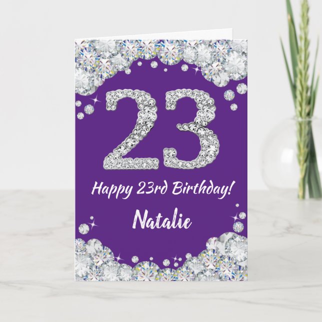 Carte Joyeuse 23e anniversaire violet et Parties scintil (Devant)