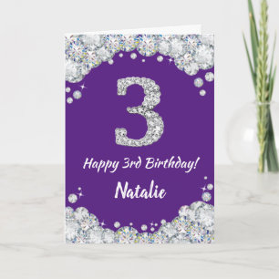 Carte Joyeuse 3e anniversaire violet et Parties scintill