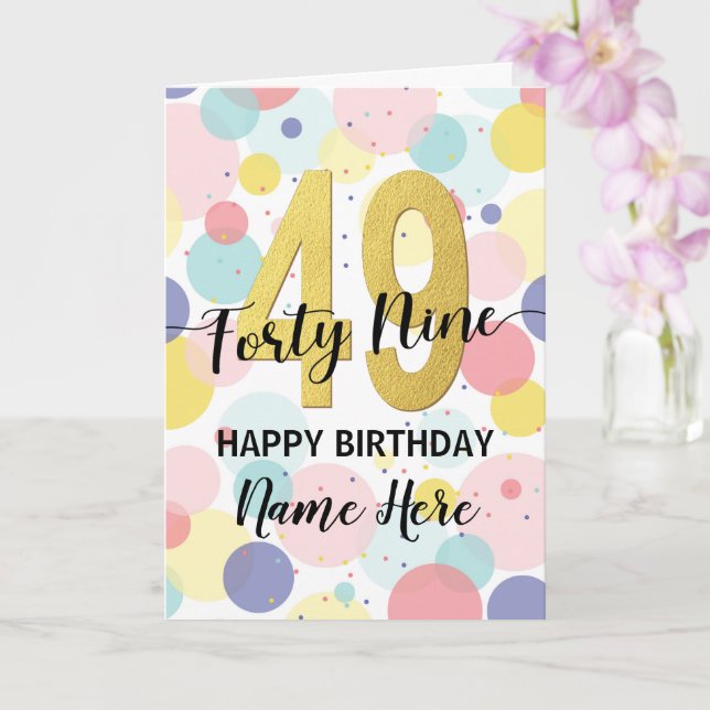 Carte Joyeuse 49e anniversaire Pastel Rainbow Gold Woman (Orchidée)