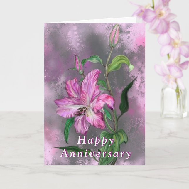 Carte Joyeuse Anniversaire Fleurs Lys Violet Rose (Orchidée)