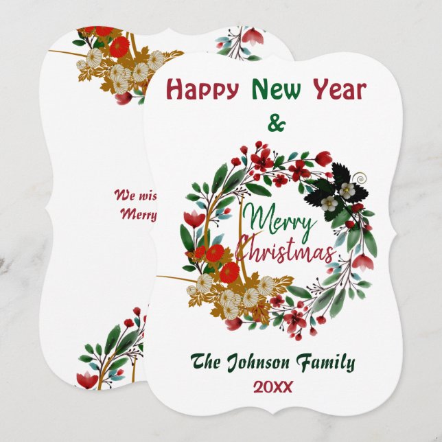 Carte Joyeuse aquarelle de Noël Floral Green Wreath (Devant / Derrière)