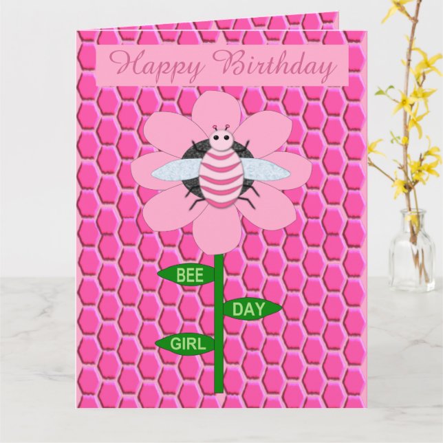 Carte Joyeuse Bee Day Girl rose Anniversaire Bumblebee C (Fleur jaune)