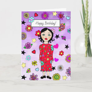 Carte Joyeuse dame Whimsical d'anniversaire avec fleurs