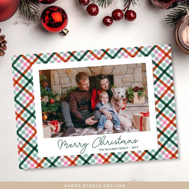 Carte Joyeuse de Noël Plaid Family Photo (Front of card shown in 5 x 7 inches. Personalize, choose paper and corner style or Digital download)